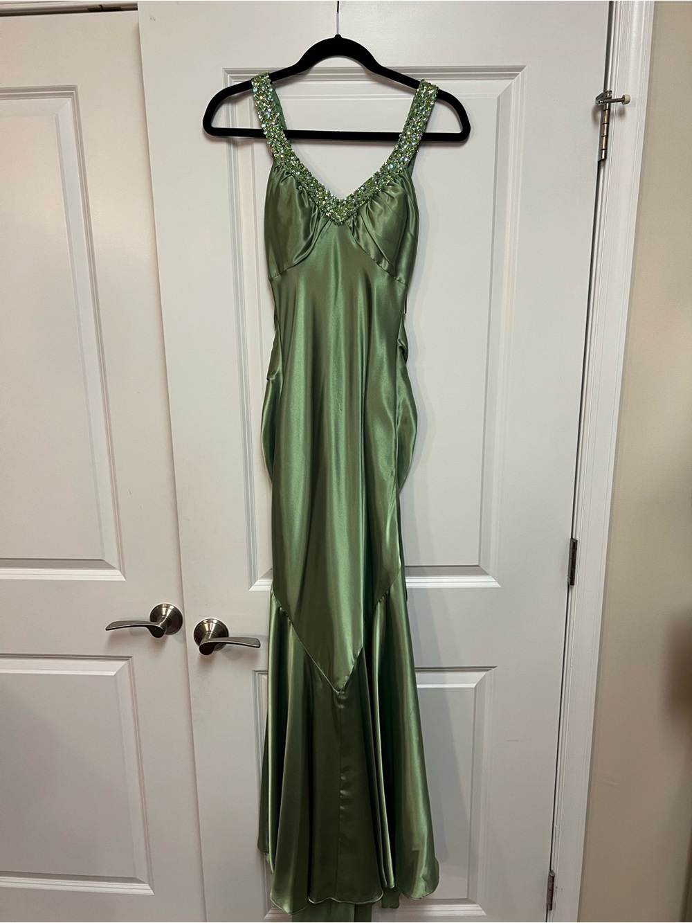 Vintage Cache Y2K Green Satin Beaded-Strap Evening Gown